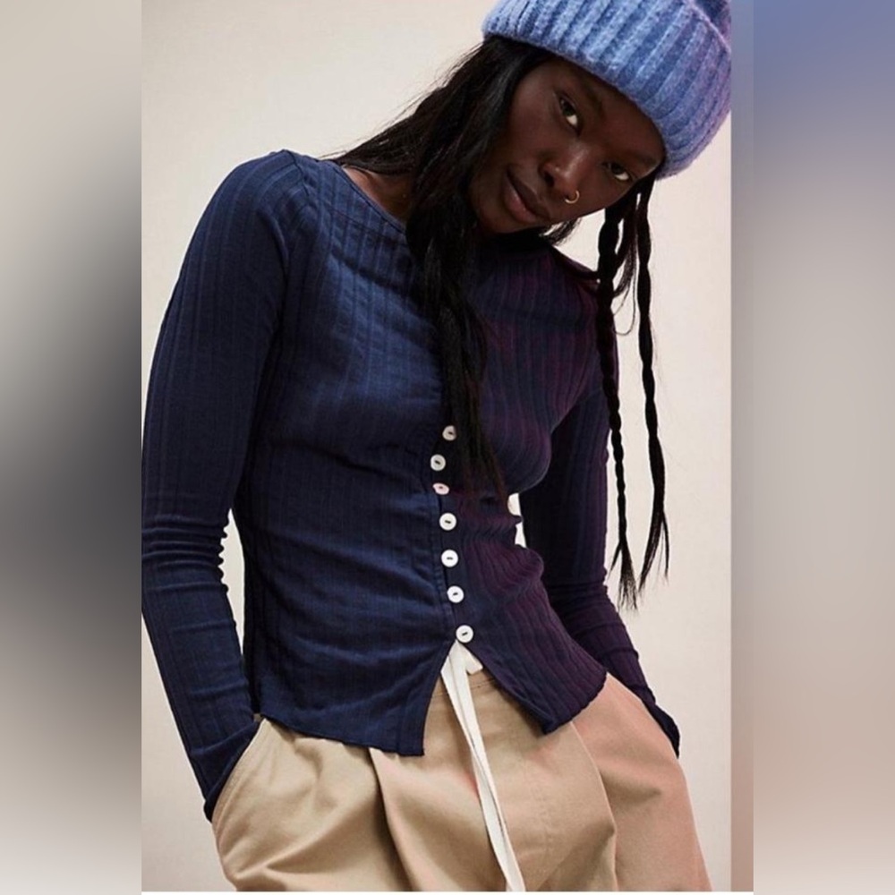 Free People Tilly Long-Sleeve Cardi in Navy NWOT Retail $58